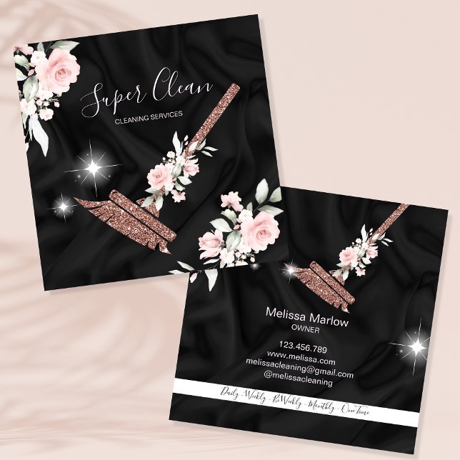 Maid Cleaning House Sparkling rose gold floral Square Business Card (Creator Uploaded)