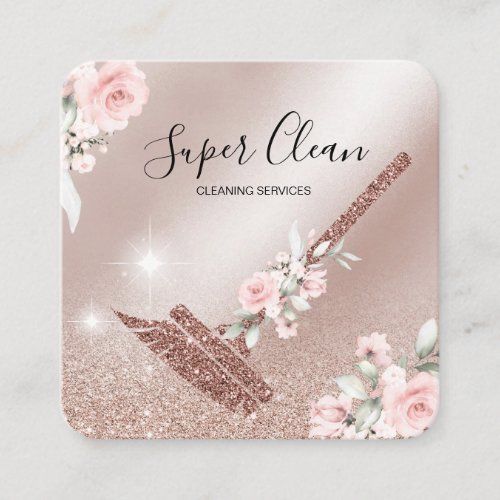 Maid Cleaning House Sparkling rose gold floral Square Business Card