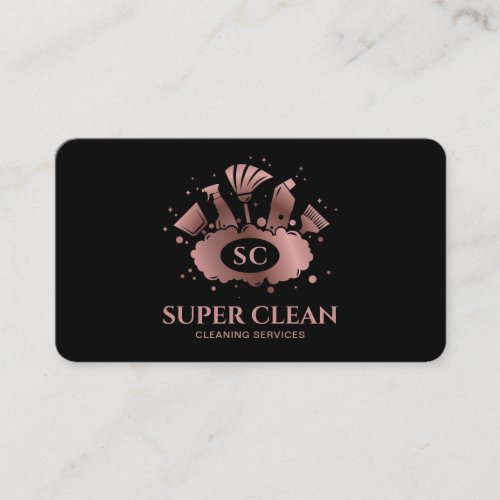 Maid Cleaning House Sparkling Rose Gold Monogram Business Card