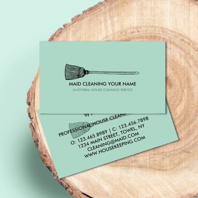Maid Cleaning Housekeeper green broom logo Business Card