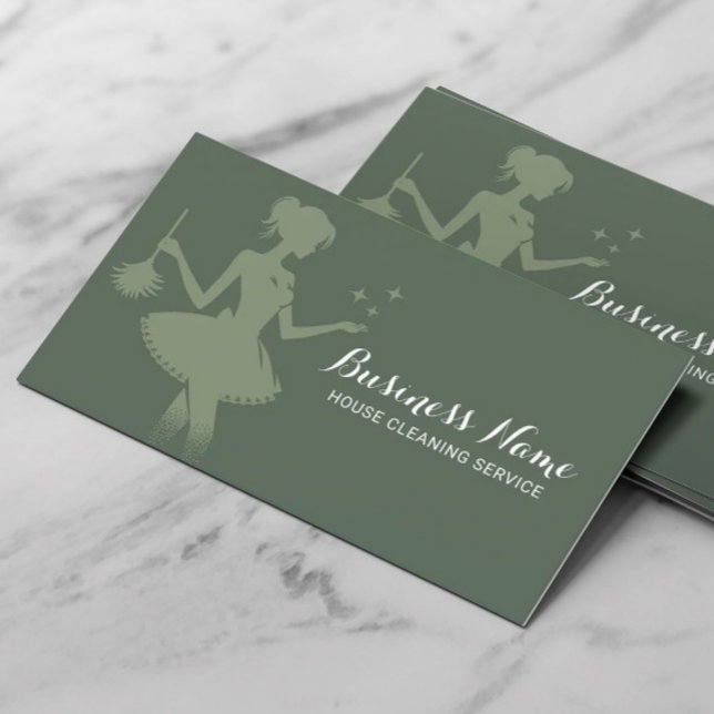 Maid Cleaning Housekeeping Elegant Sage Green Business Card (Creator Uploaded)