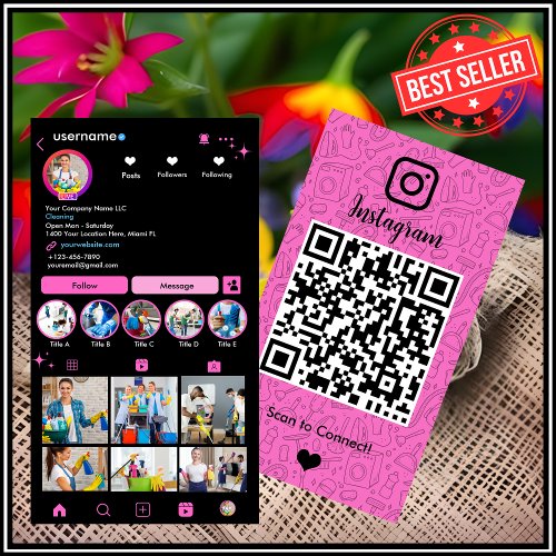 Maid Cleaning Instagram Pink  Housekeeping QR  Business Card