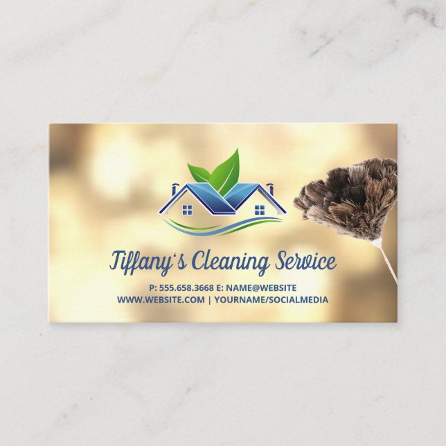 Maid Cleaning Logo | Feather Duster Business Card (Front)
