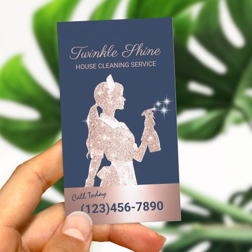 Maid Cleaning Rose Gold Sparkles Navy Housekeeping Business Card