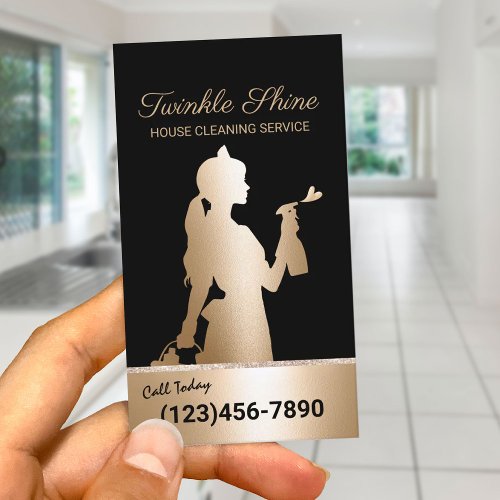 Maid Cleaning Service Black  Gold Housekeeping Business Card