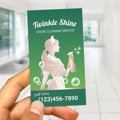 Maid Cleaning Service Elegant Green Housekeeping Business Card