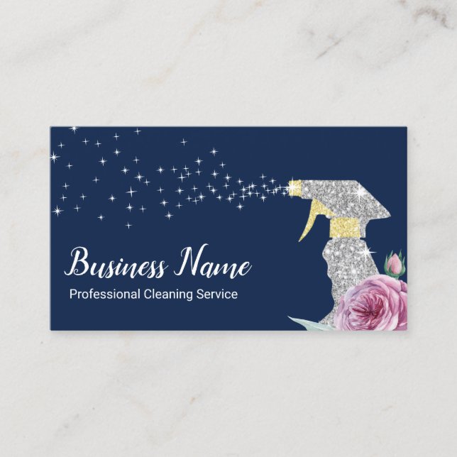 Maid Cleaning Service Silver Spray Navy Floral Business Card (Front)