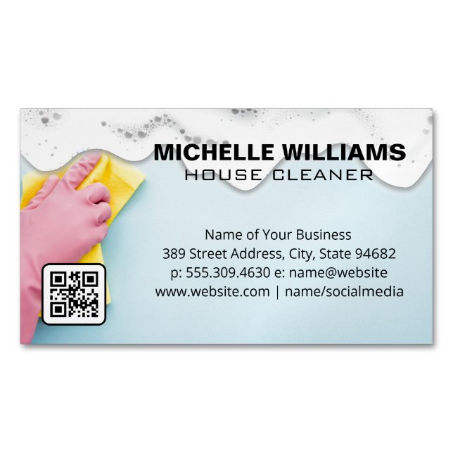 Maid Cleaning | Soap Suds | QR Code Business Card Magnet (Front)