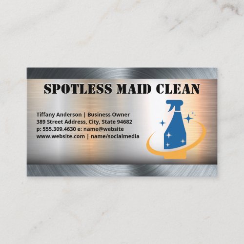 Maid Cleaning Spray Logo  Metal Background Business Card