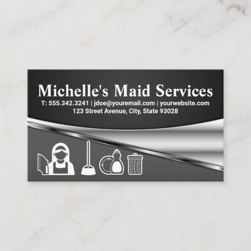 Maid Cleaning Supplies  Grey Metallic Business Card