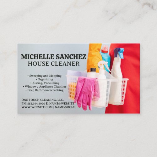 Maid Holding Basket of Cleaning Products Business Card