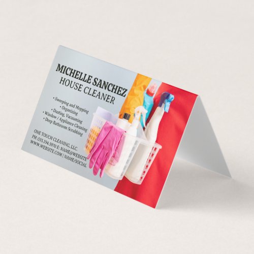 Maid Holding Basket of Cleaning Products Business Card