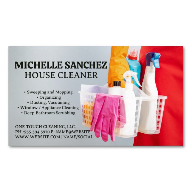 Maid Holding Basket of Cleaning Products Business Card Magnet (Front)