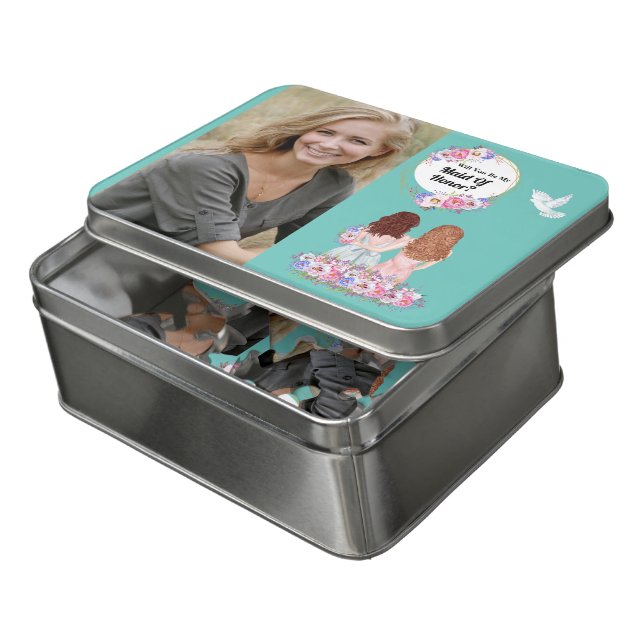 Maid Honor photo BFF wedding illustration teal Jigsaw Puzzle (Lid Open)