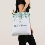 Maid honor wedding eucalyptus greenery green tote bag<br><div class="desc">White background.  Decorated with eucalyptus greenery foliage and woodland fern. With the text: Maid of honor.</div>