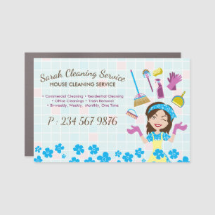Maid House Cartoon Blue Pink Cleaning Service Car Magnet