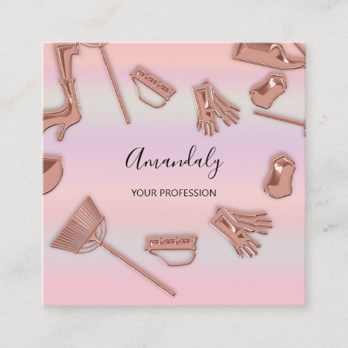 Maid House Cleaning Office Services Logo Rose Pink Square Business Card