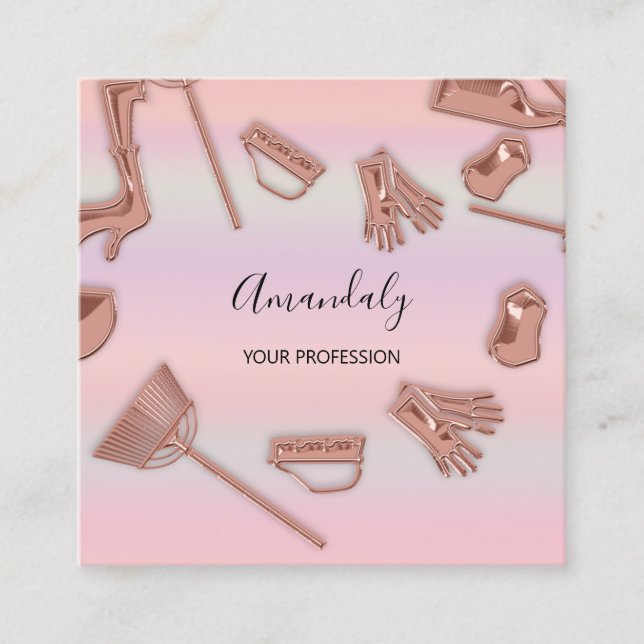 Maid House Cleaning Office Services Logo Rose Pink Square Business Card (Front)