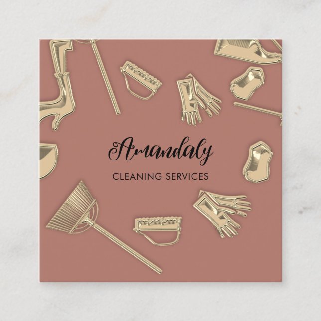 Maid House Cleaning Office Services QR Code  Rose  Square Business Card (Front)