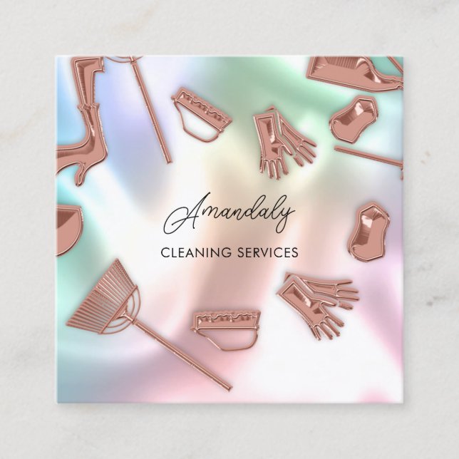 Maid House Cleaning Office Services QR Code Rose Square Business Card (Front)