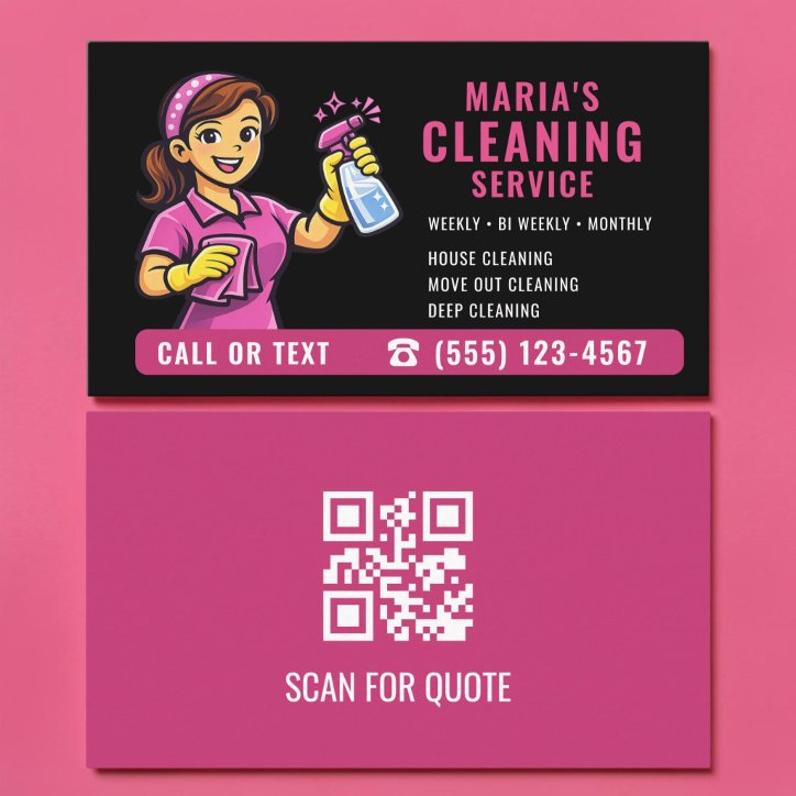 Maid House Cleaning Pink Black QR Code Business Card
