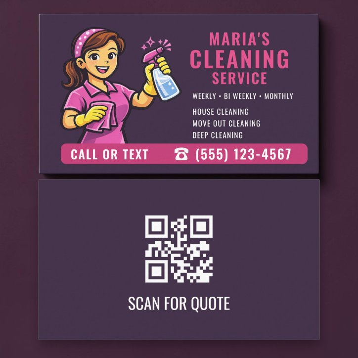 Maid House Cleaning Purple Pink QR Code Business Card