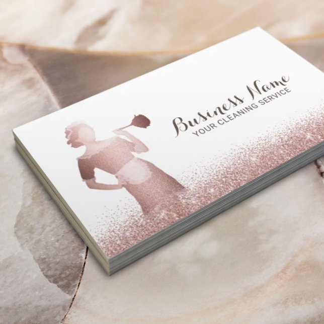 Maid House Cleaning Service Chic Rose Gold Glitter Business Card (Creator Uploaded)