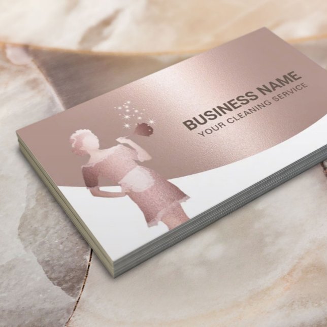 Maid House Cleaning Service Modern Rose Gold Business Card (Creator Uploaded)