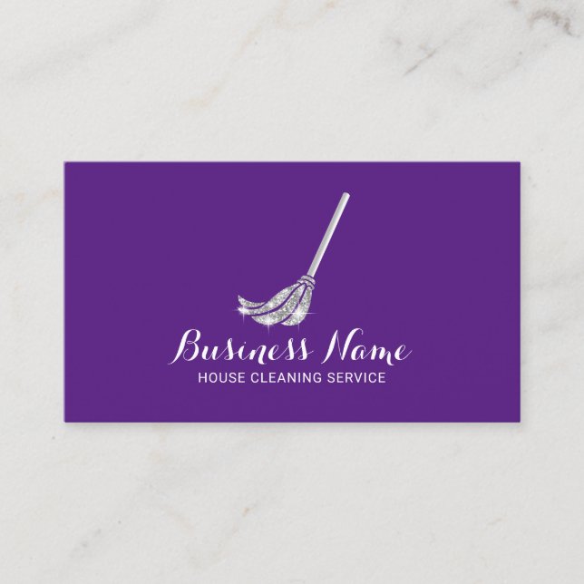 Maid House Cleaning Service Mop Logo Purple Business Card (Front)
