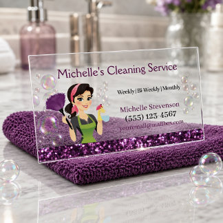 Maid House Cleaning Service Purple Glitter Clear Business Cards