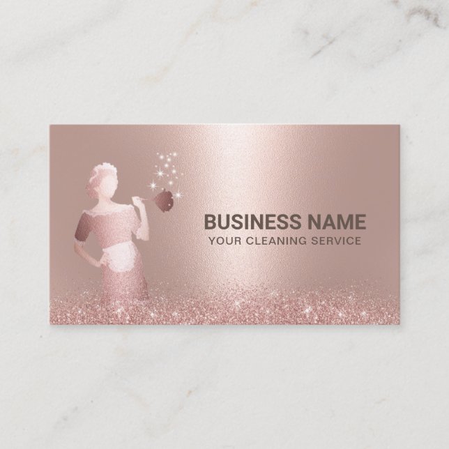 Maid House Cleaning Service Rose Gold Glitter Business Card (Front)