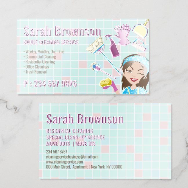 Maid House Cleaning Services Janitorial Lady Raised Spot UV Business Card