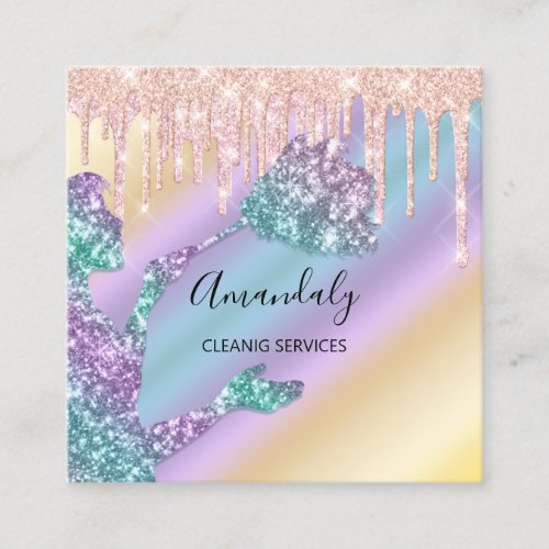 Maid House Cleaning Services Logo Drips Glitter Square Business Card