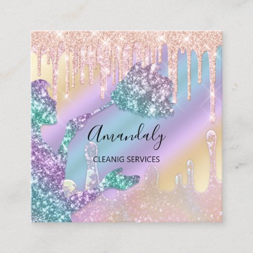 Maid House Cleaning Services Logo Drips Holograph Square Business Card