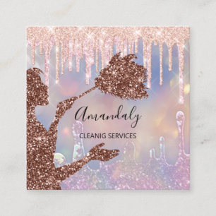 Maid House Cleaning Services Logo Drips Holograph Square Business Card