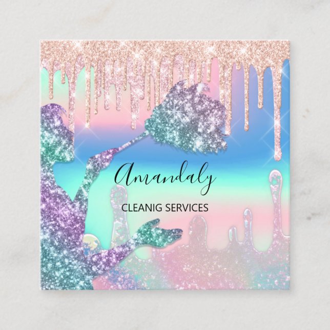 Maid House Cleaning Services Logo Drips Ombre Square Business Card (Front)