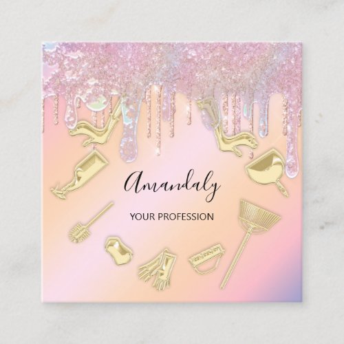 Maid House Cleaning Services Logo Drips Rose Gold Square Business Card