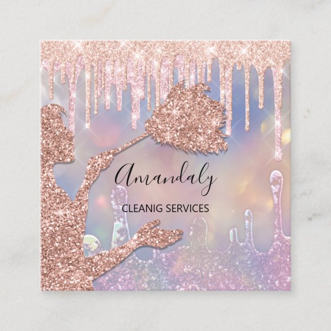 Maid House Cleaning Services Logo Drips Rose Square Business Card (Front)