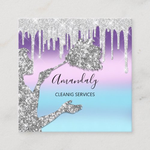 Maid House Cleaning Services Logo Drips Silver Square Business Card