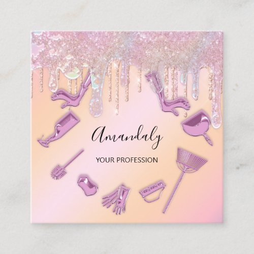 Maid House Cleaning Services Logo Drips Violet Square Business Card
