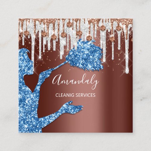 Maid House Cleaning Services Logo Gray Drip Blue Square Business Card