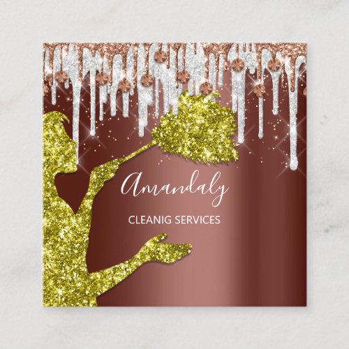 Maid House Cleaning Services Logo Gray Drip Bronze Square Business Card