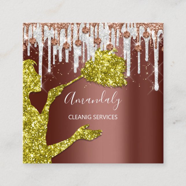 Maid House Cleaning Services Logo Gray Drip Bronze Square Business Card (Front)