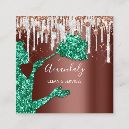 Maid House Cleaning Services Logo Gray Drip Green Square Business Card
