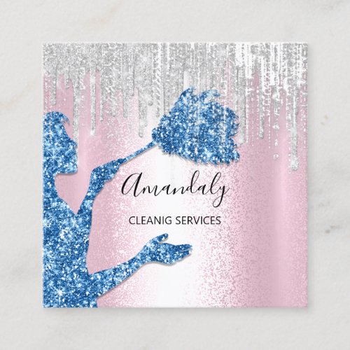 Maid House Cleaning Services Logo Gray Drip Navy Square Business Card