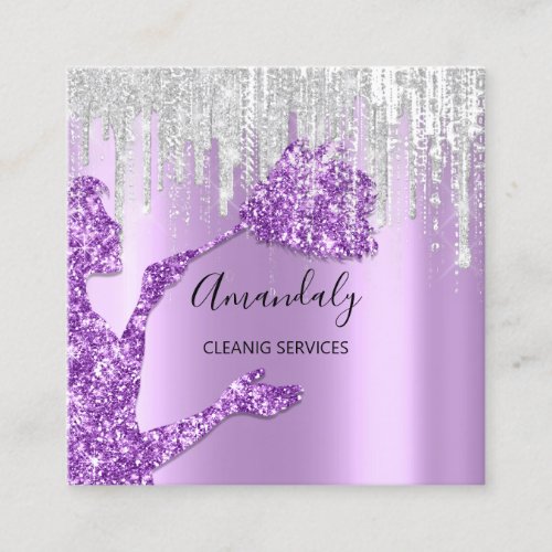Maid House Cleaning Services Logo Gray Drip Purple Square Business Card