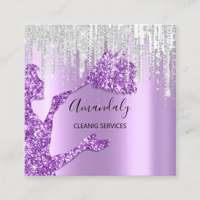 Maid House Cleaning Services Logo Gray Drip Purple Square Business Card (Front)