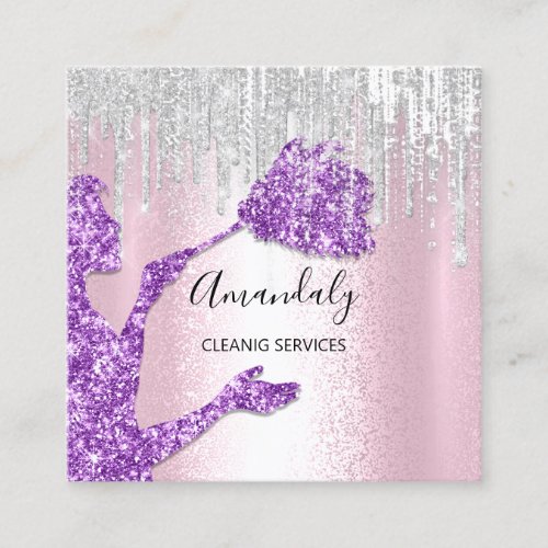 Maid House Cleaning Services Logo Gray Drip Purple Square Business Card