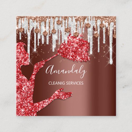 Maid House Cleaning Services Logo Gray Drip Red Square Business Card