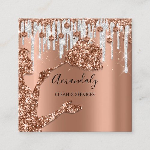 Maid House Cleaning Services Logo Gray Drip Rose Square Business Card